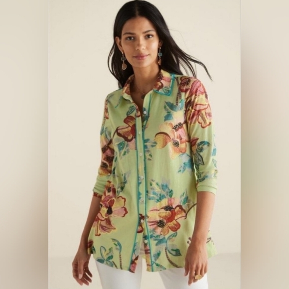 Soft Surroundings Elena Tropical Floral Mix Media Tunic Top Size Medium - Picture 1 of 15